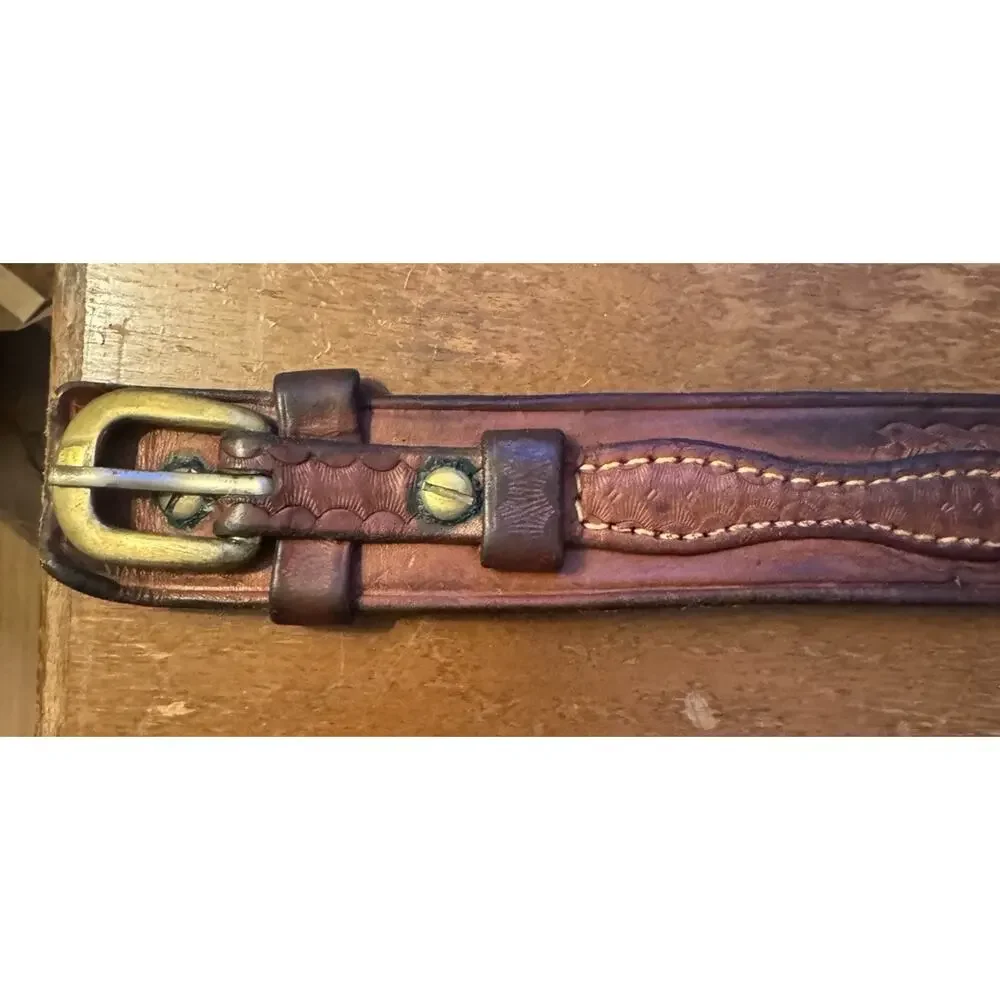 Vintage Cabela's Tooled Leather Ranger Belt Solid Brass Stamped 42 Measures 46